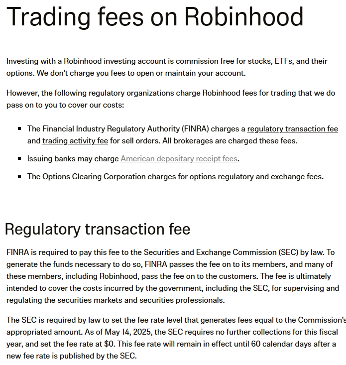 Robinhood fees and commissions
