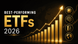 Best-performing ETFs of 2026 with rising gold market chart and AI, semiconductor, energy and global market icons