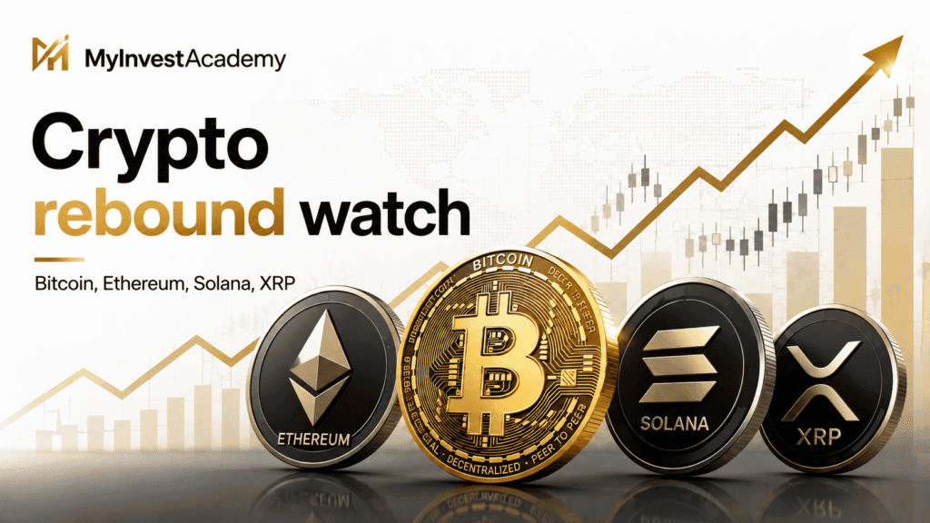 Bitcoin, Ethereum, Solana and XRP cryptocurrencies as the crypto market looks for a potential rebound