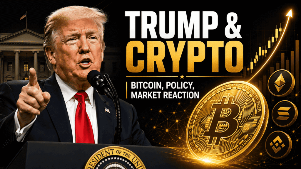 Donald Trump speaking about cryptocurrency with Bitcoin and rising crypto market chart in black and gold