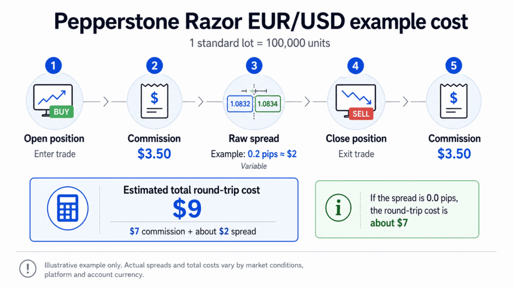 Pepperstone Razor EUR USD cost example with spread and commission
