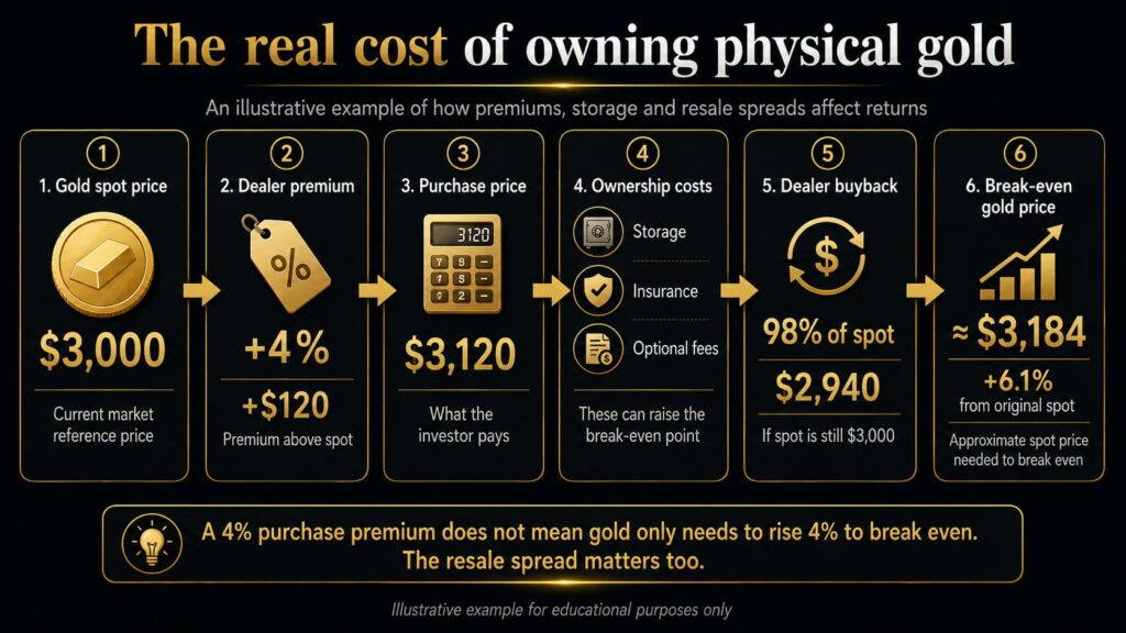 Physical gold ownership cost example showing spot price, dealer premium, resale spread and break-even price