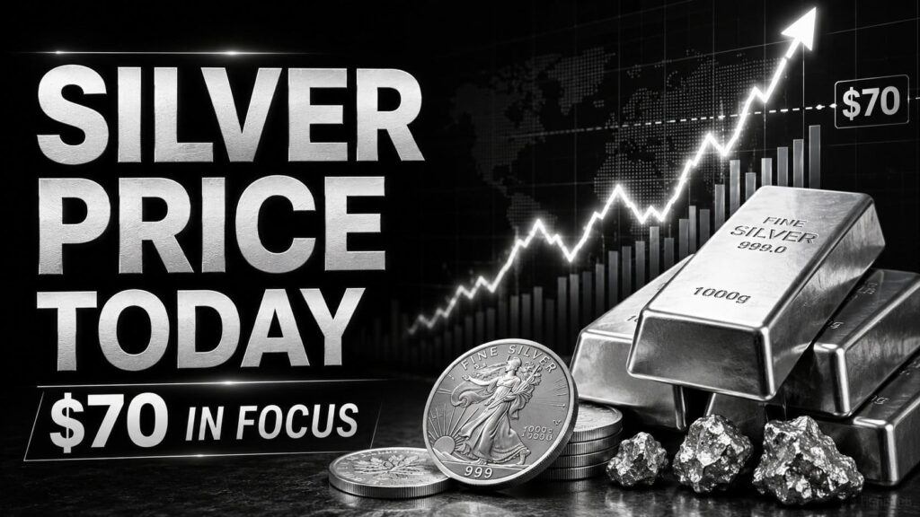 Silver price today near $70 with silver bars, coins and rising market chart