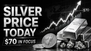 Silver price today near $70 with silver bars, coins and rising market chart