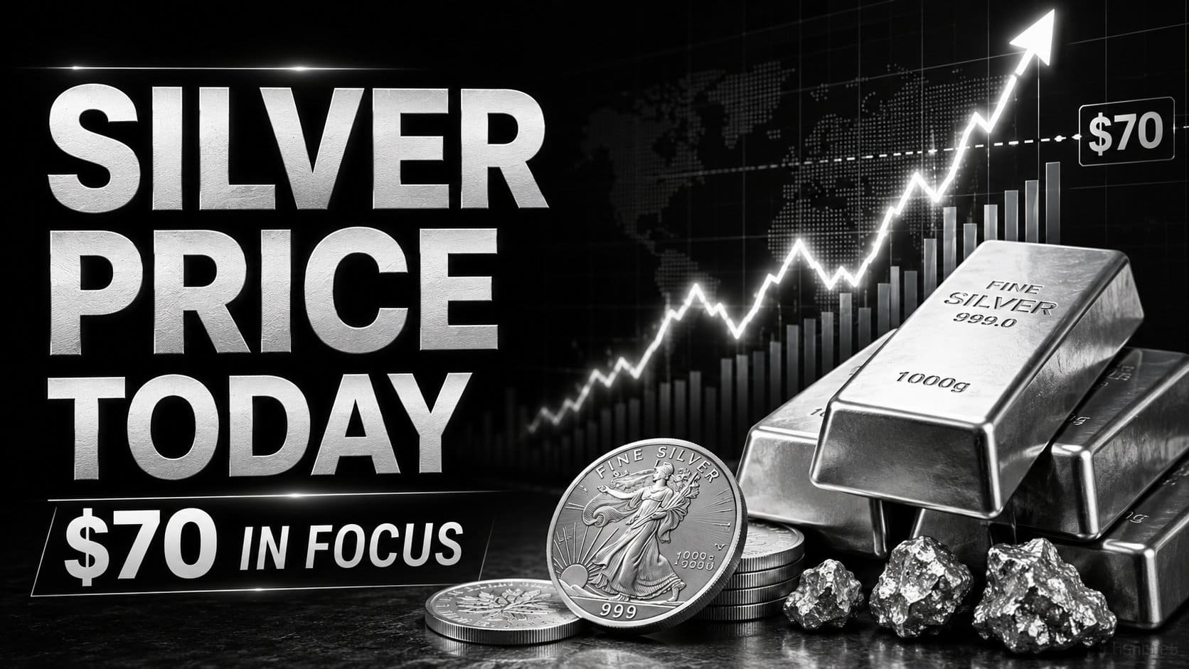 Silver price today near $70 with silver bars, coins and rising market chart