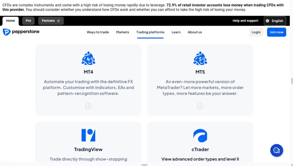 The different Pepperstone trading platforms at a glance