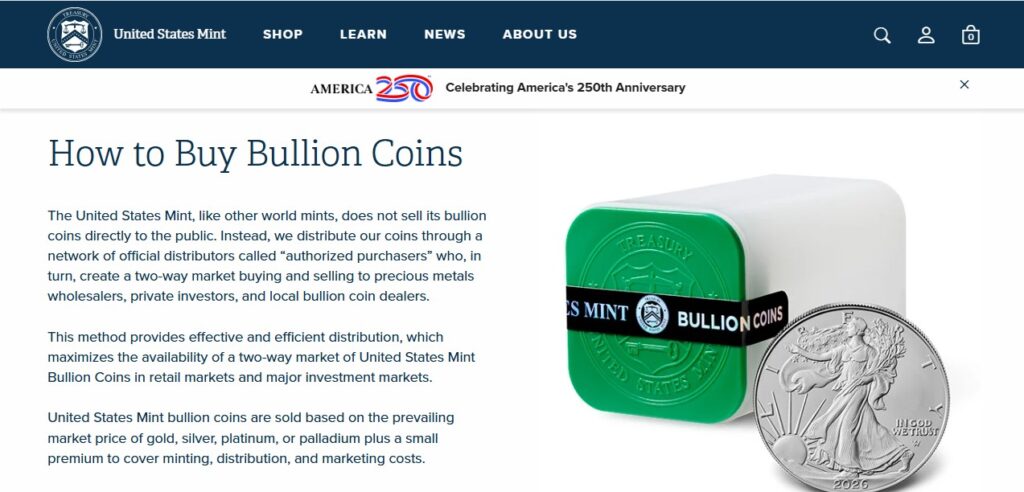 U.S. Mint explaining how investors buy bullion coins through authorized purchasers